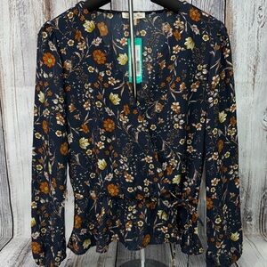 nine britton Navy Floral Wrap Blouse with Mustard and Cream Flowers